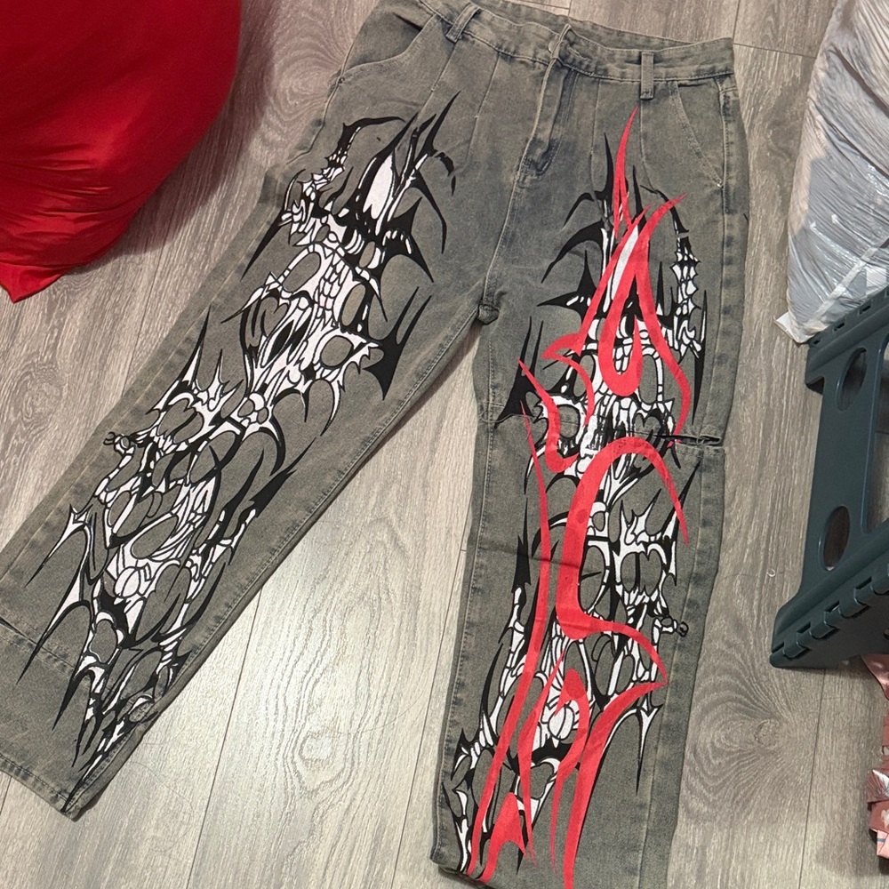 Graphic Grey Men’s Jeans with Red Flame Print